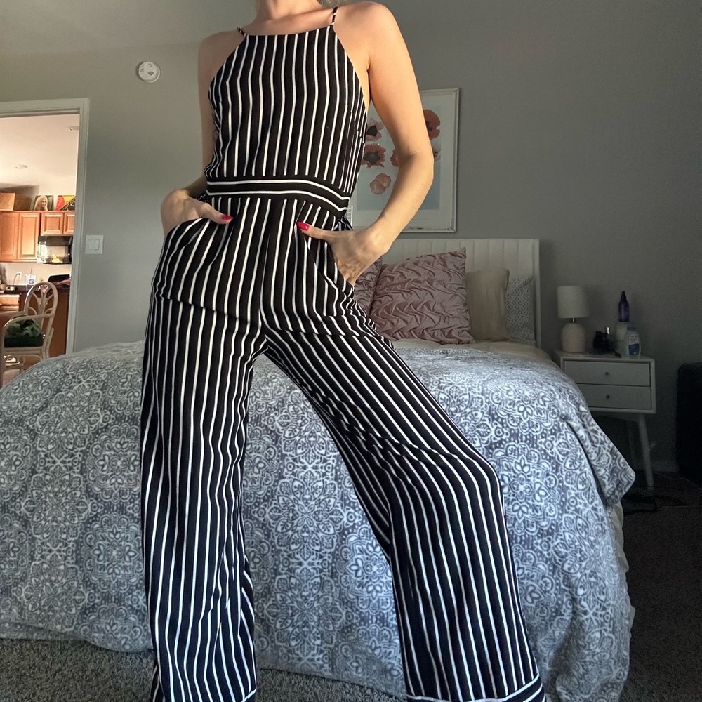 Black and White Striped Jumpsuit